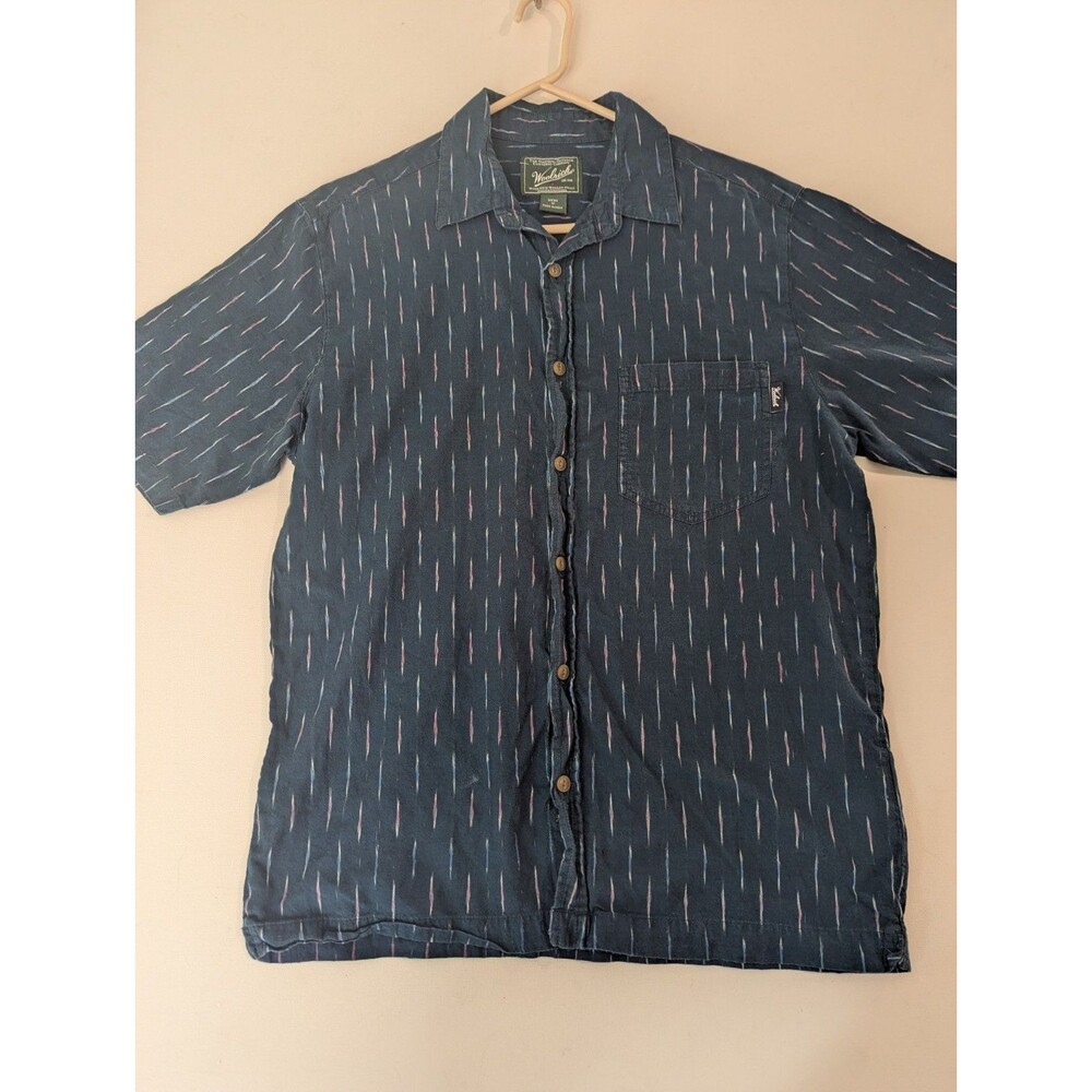Woolrich Size M Casual Button Shirt Blue Geometric Collared Short Sleeve Camp